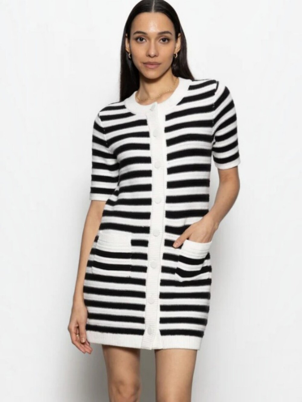 Sanctuary Striped Knit Button Front Dress/ Cardigan, Chalk/Black, L Versatile